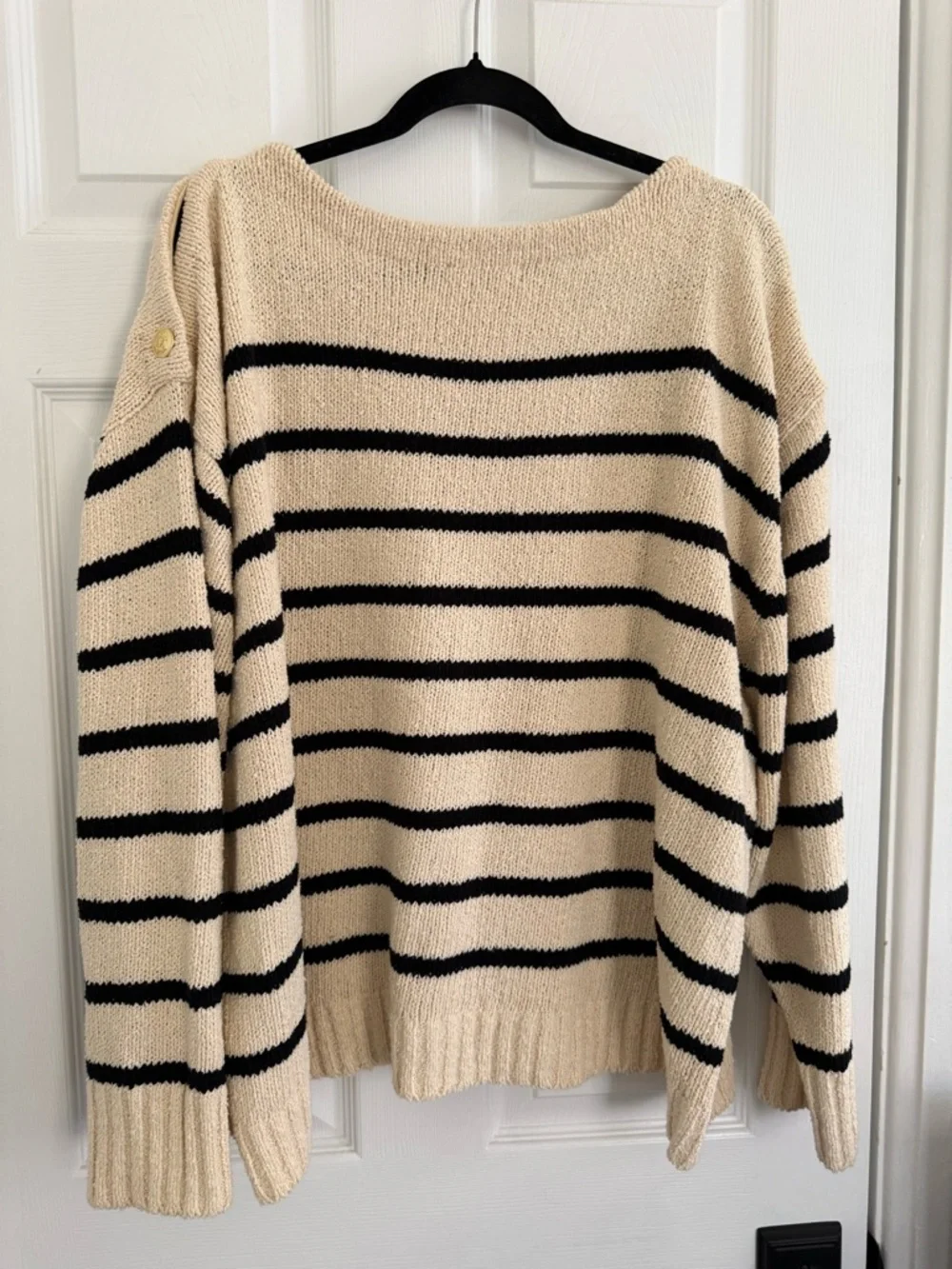 J. Crew Cream and Black Striped Boatneck Sweater with Gold Shoulder Buttons - 3X - Picture 5 of 15